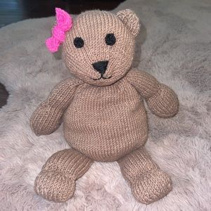 Handmade knit brown teddy bear with pink bow kids lovey stuffed animal kids toy